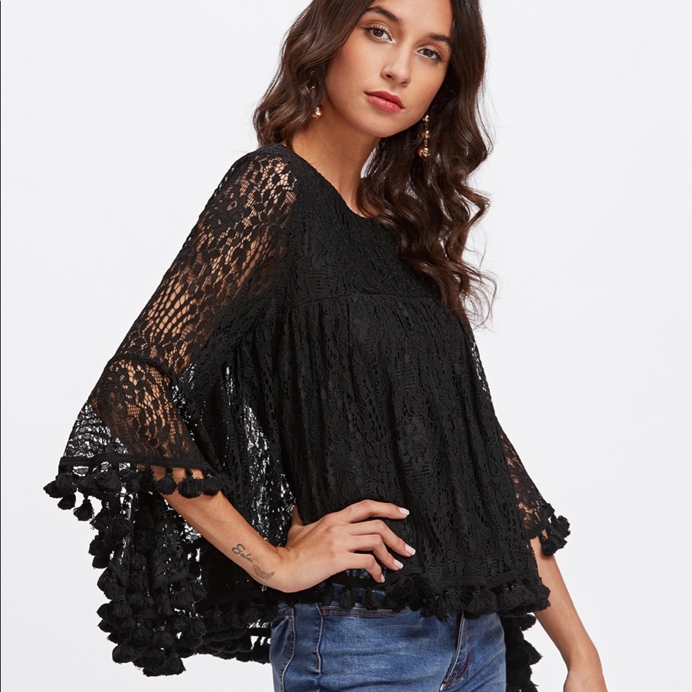 Black Tassel Trim Lace Top
